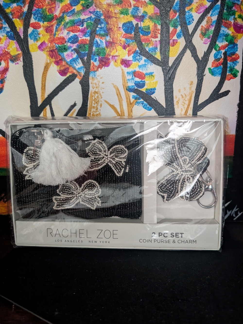 NIB Rachel Zoe Black Beaded Coin Purse with White Tassel & Bow Charm